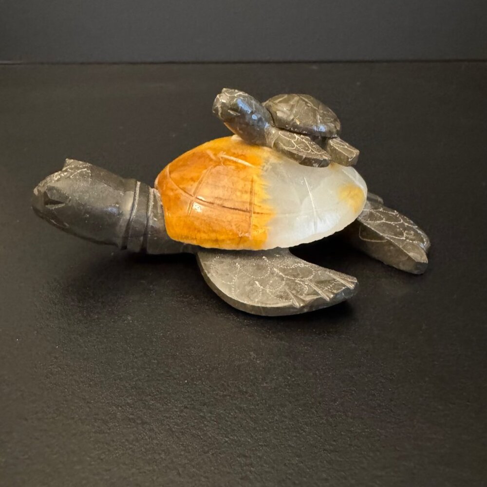 Hand Carved Marble Stone Sea Turtle w/ Baby Figurine Carving 4" X 4" - Picture 6 of 16